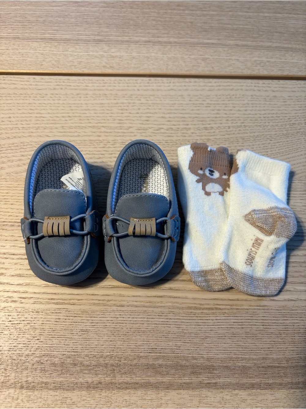 Mayoral Blue Baby Moccasins with Cream Bear Socks